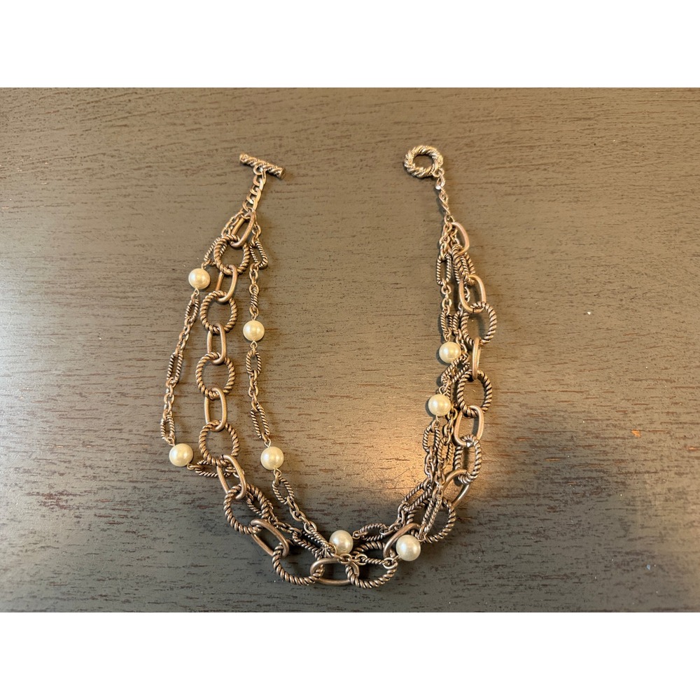 Multi Strand Silver Tone Chain Necklace with Faux Pearls Toggle Clasp 18 Inch